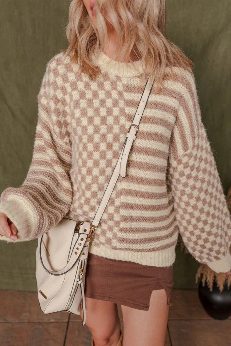 Stripe Checker Balloon Sleeve Sweater