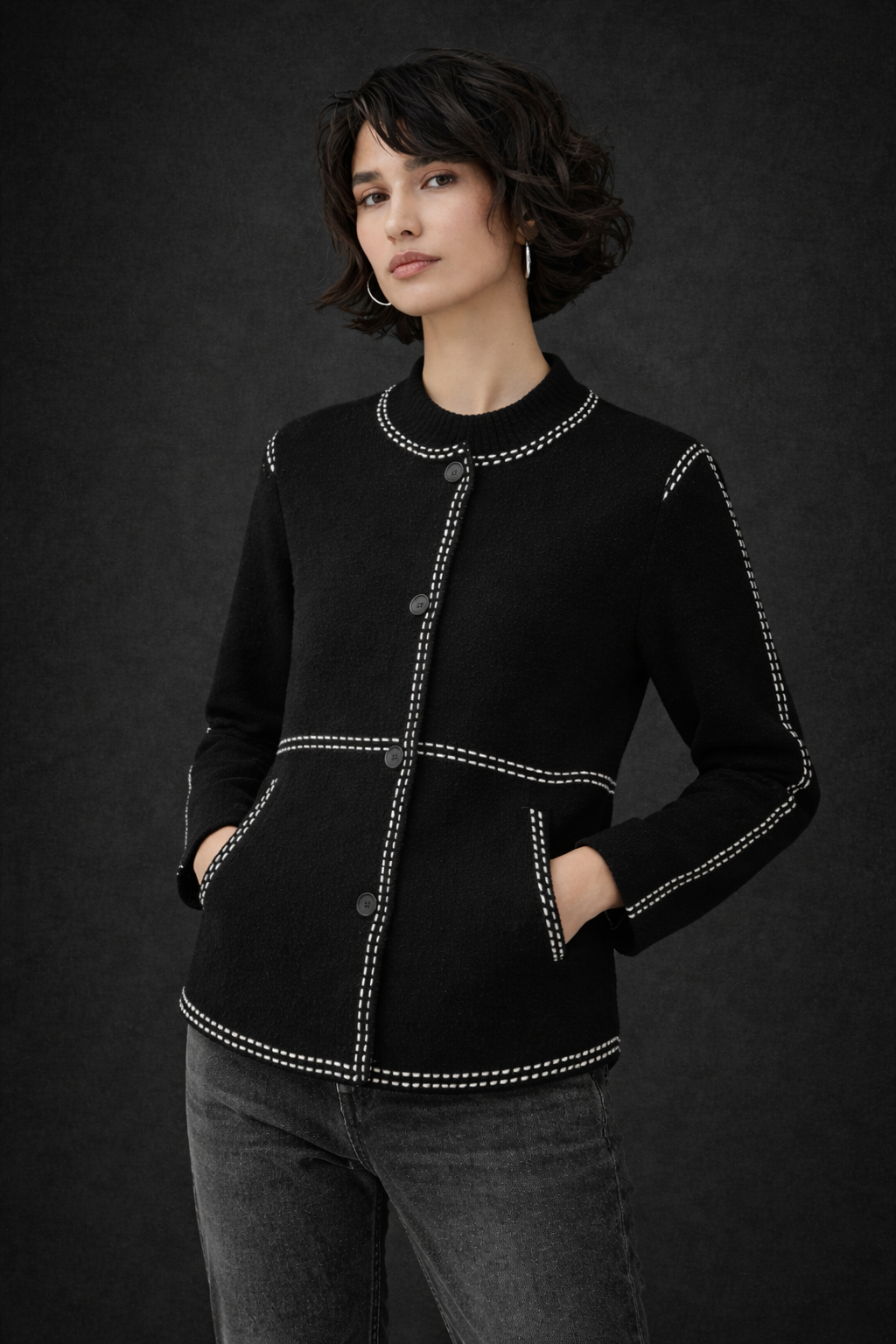 Contrast Trim Button Cardigan