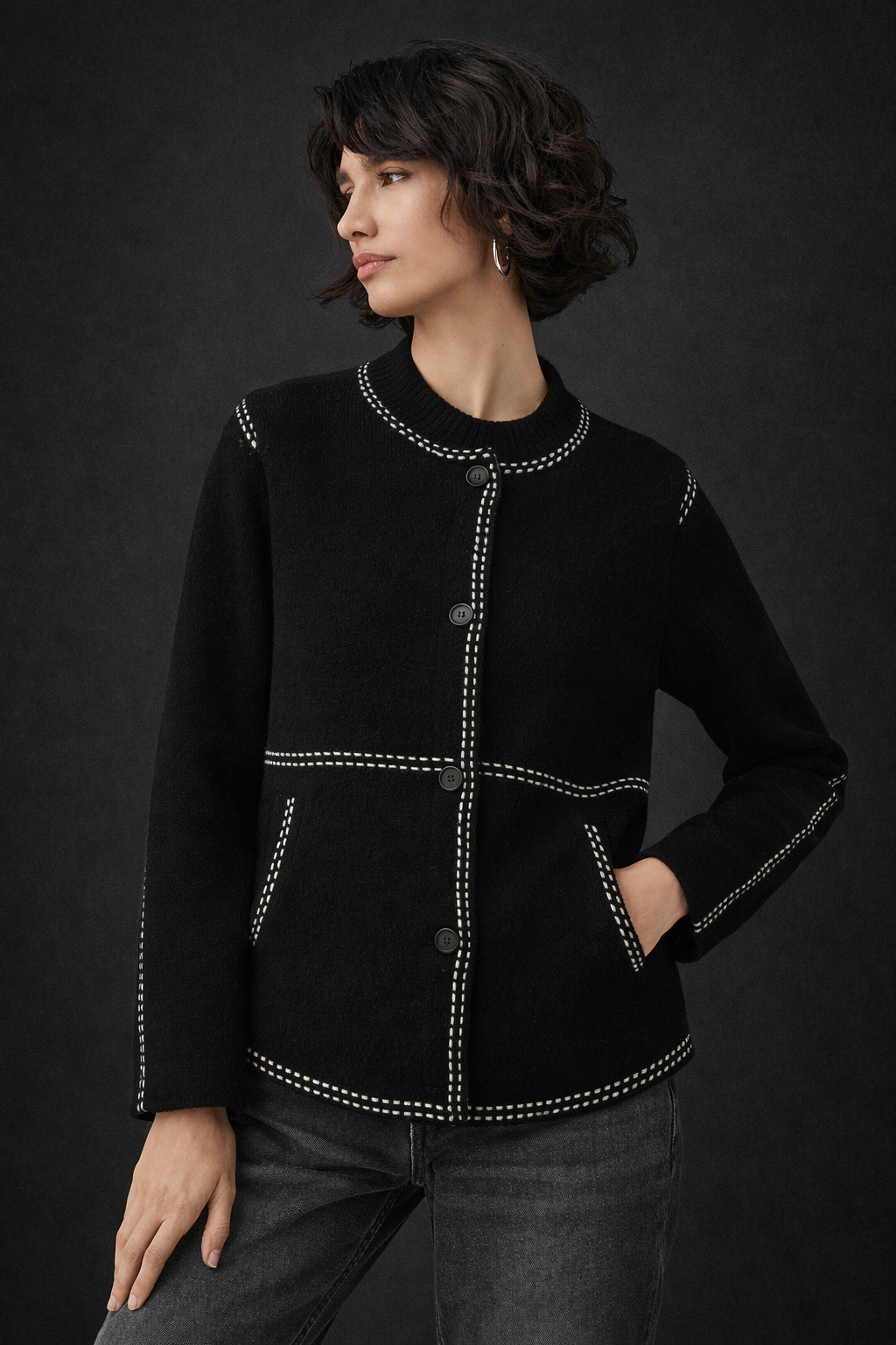 Contrast Trim Button Cardigan