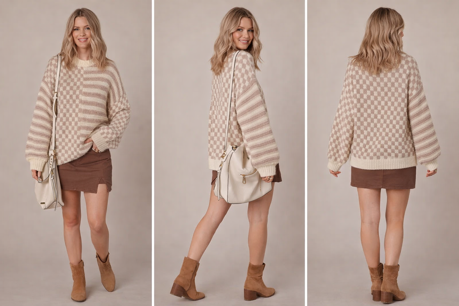 Stripe Checker Balloon Sleeve Sweater