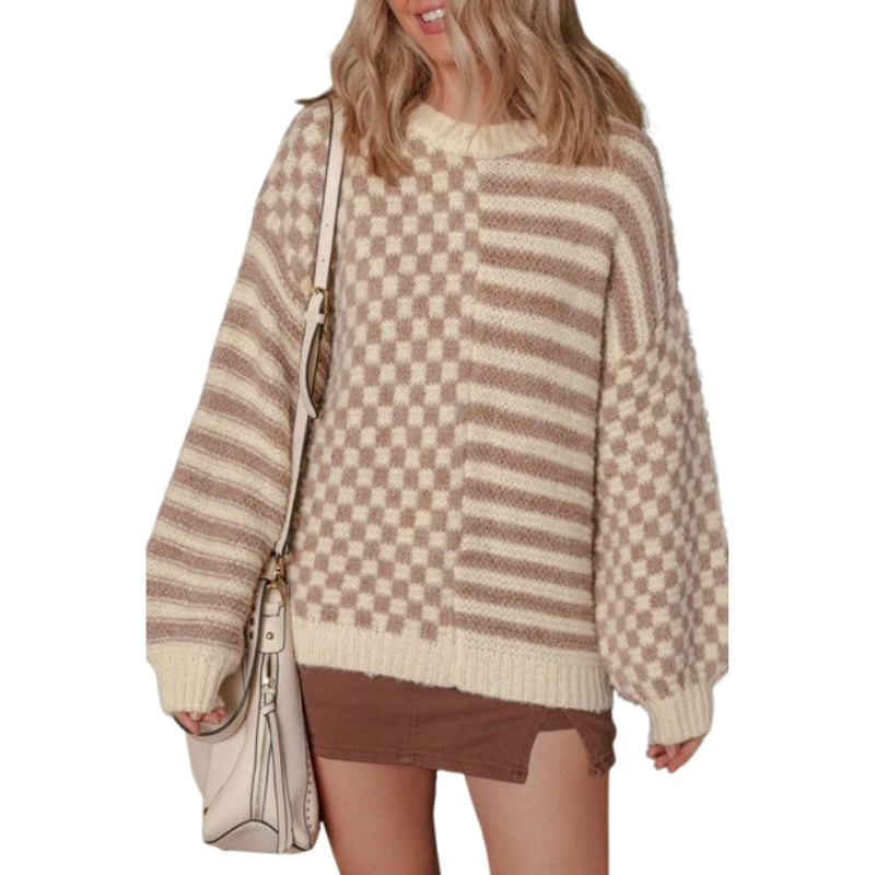 Stripe Checker Balloon Sleeve Sweater