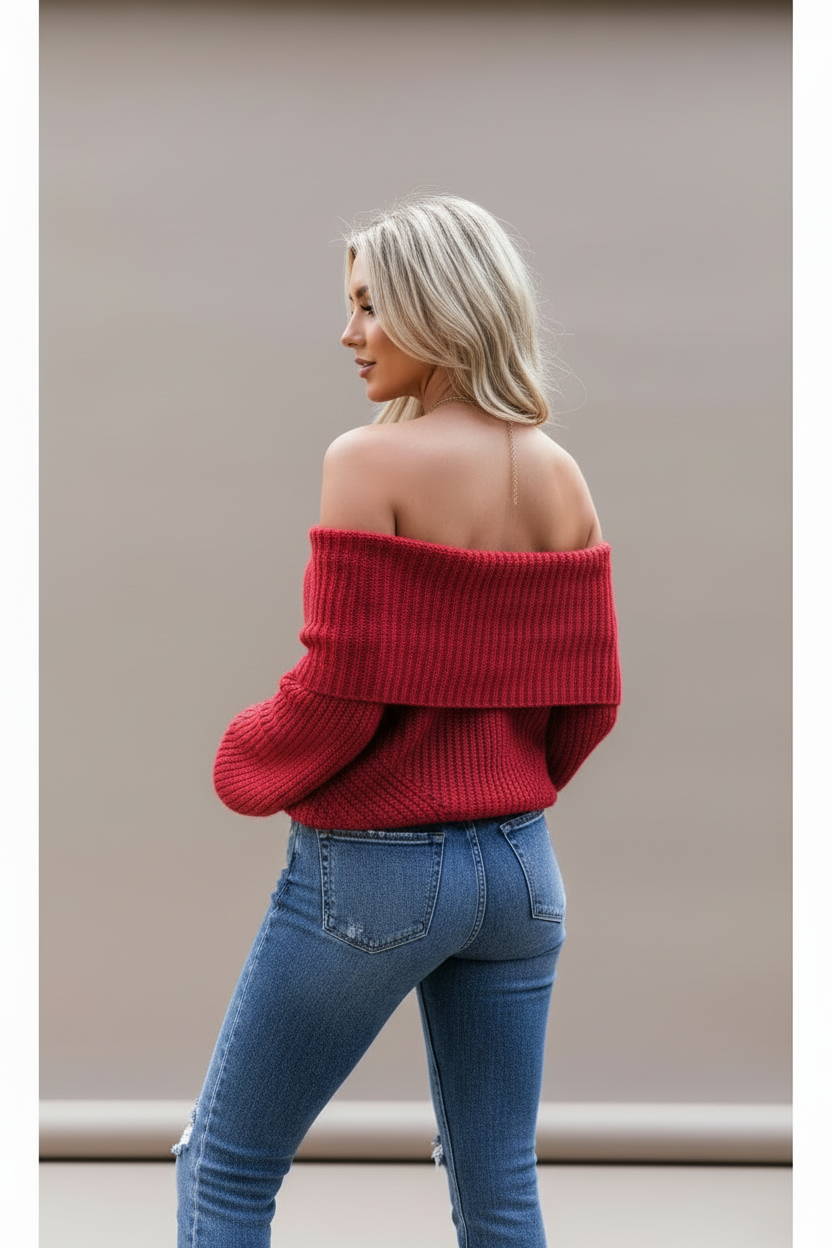 Off-Shoulder Ribbed Knit Sweater