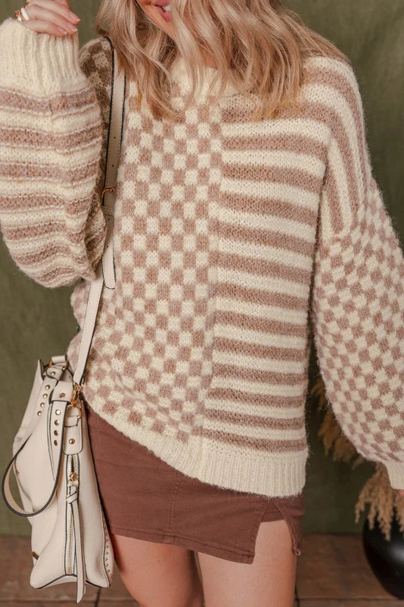 Stripe Checker Balloon Sleeve Sweater