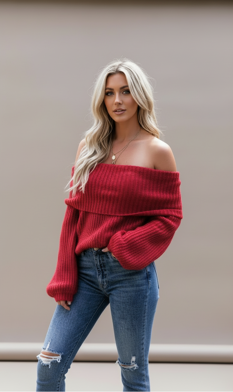 Off-Shoulder Ribbed Knit Sweater