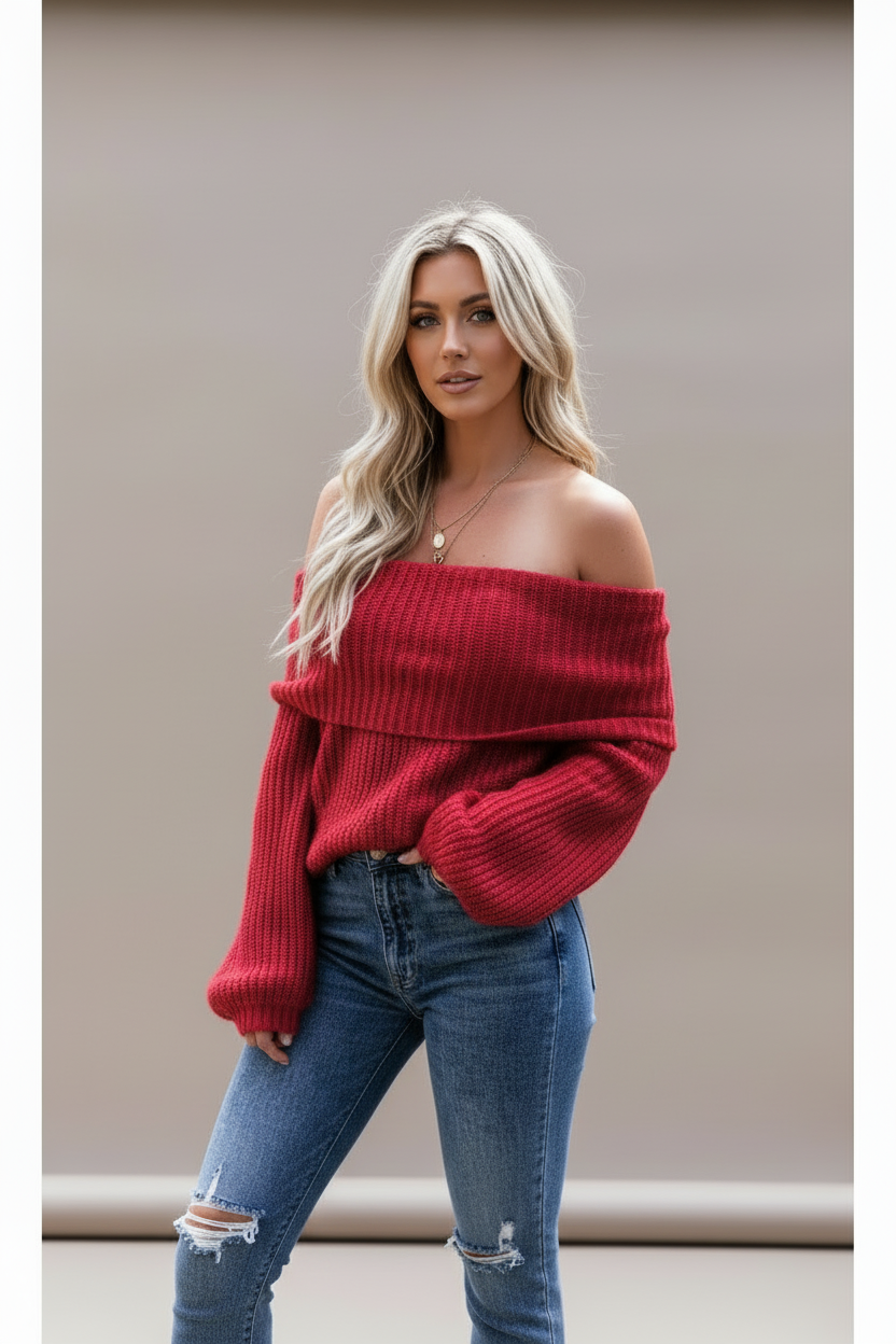 Off-Shoulder Ribbed Knit Sweater