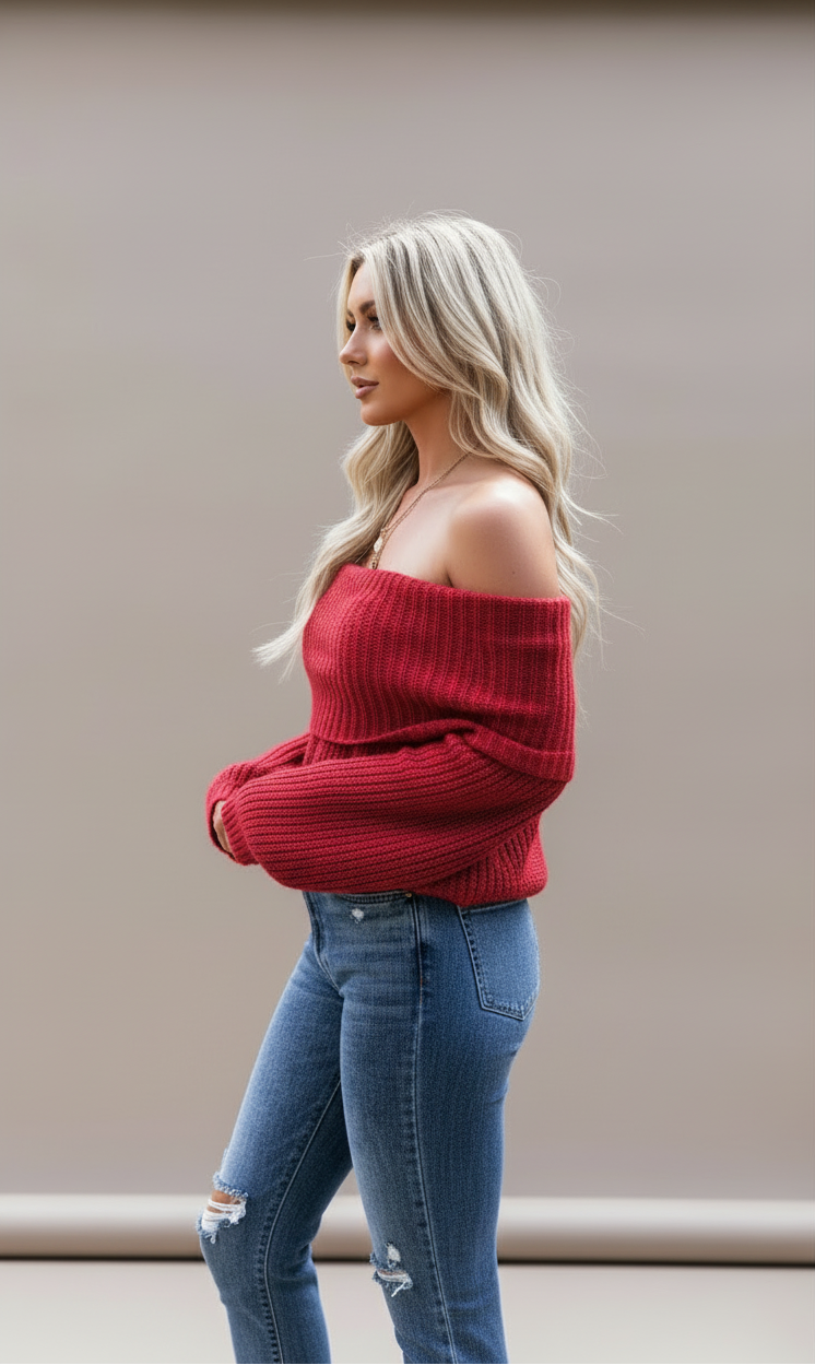 Off-Shoulder Ribbed Knit Sweater