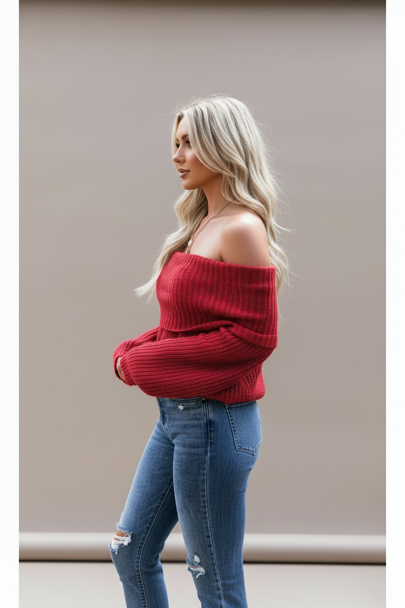 Off-Shoulder Ribbed Knit Sweater