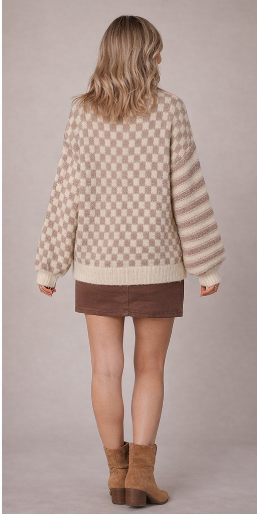 Stripe Checker Balloon Sleeve Sweater