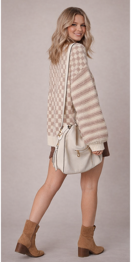 Stripe Checker Balloon Sleeve Sweater